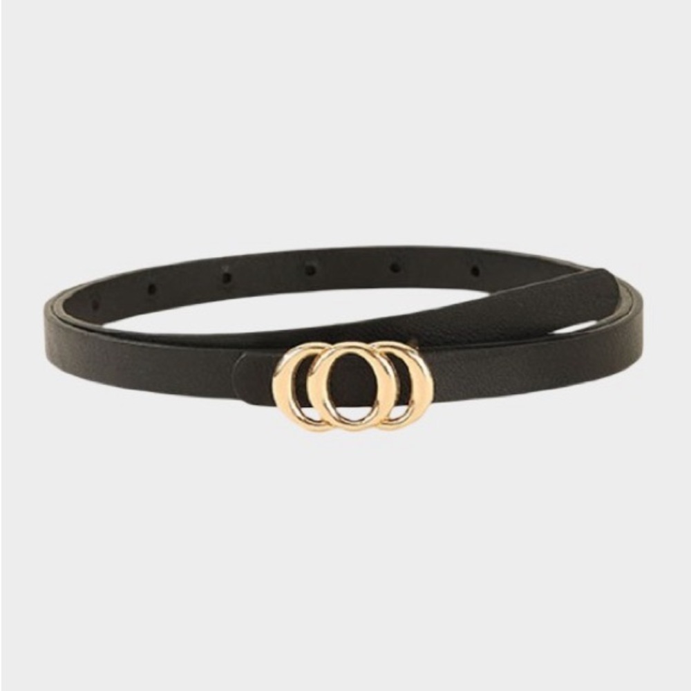Gold Ring Black Vegan Leather Belt (U414) - Picture 1 of 4